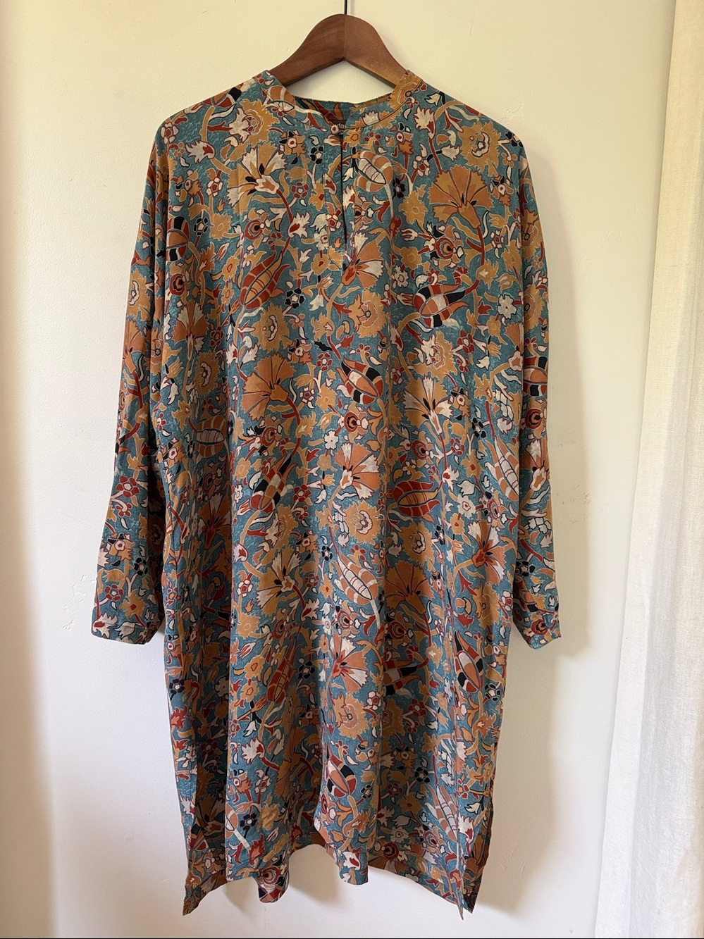 Eskandar Silk  Floral V-Neck Tunic in Teal with gold/mustard details